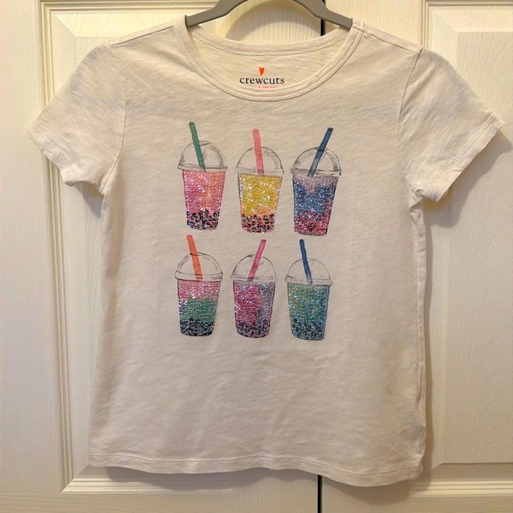 Crewcuts white graphic tee, sequin detail, size large